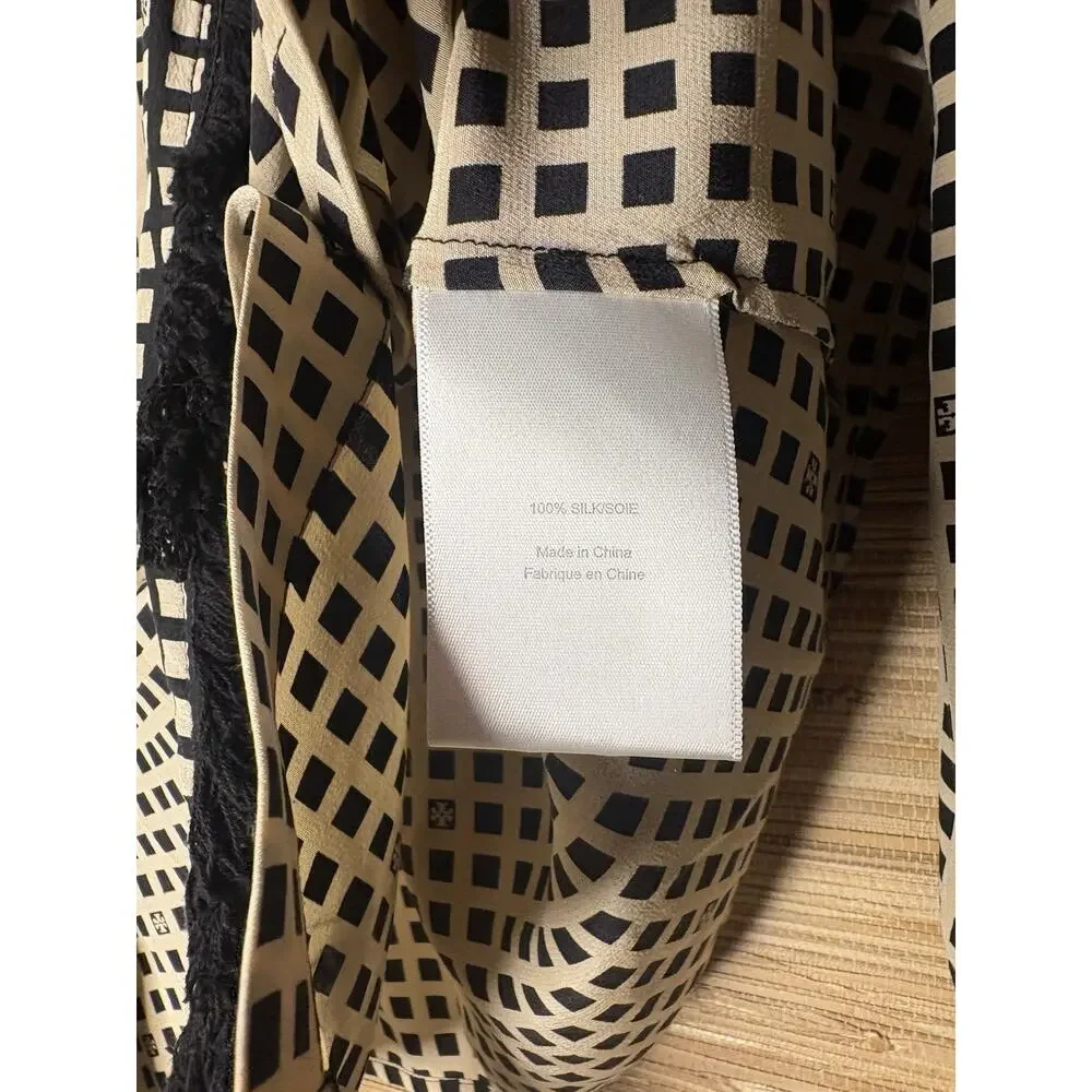 Tory Burch Silk Scarf Checkered Grid Fringe Blouse Sz 2